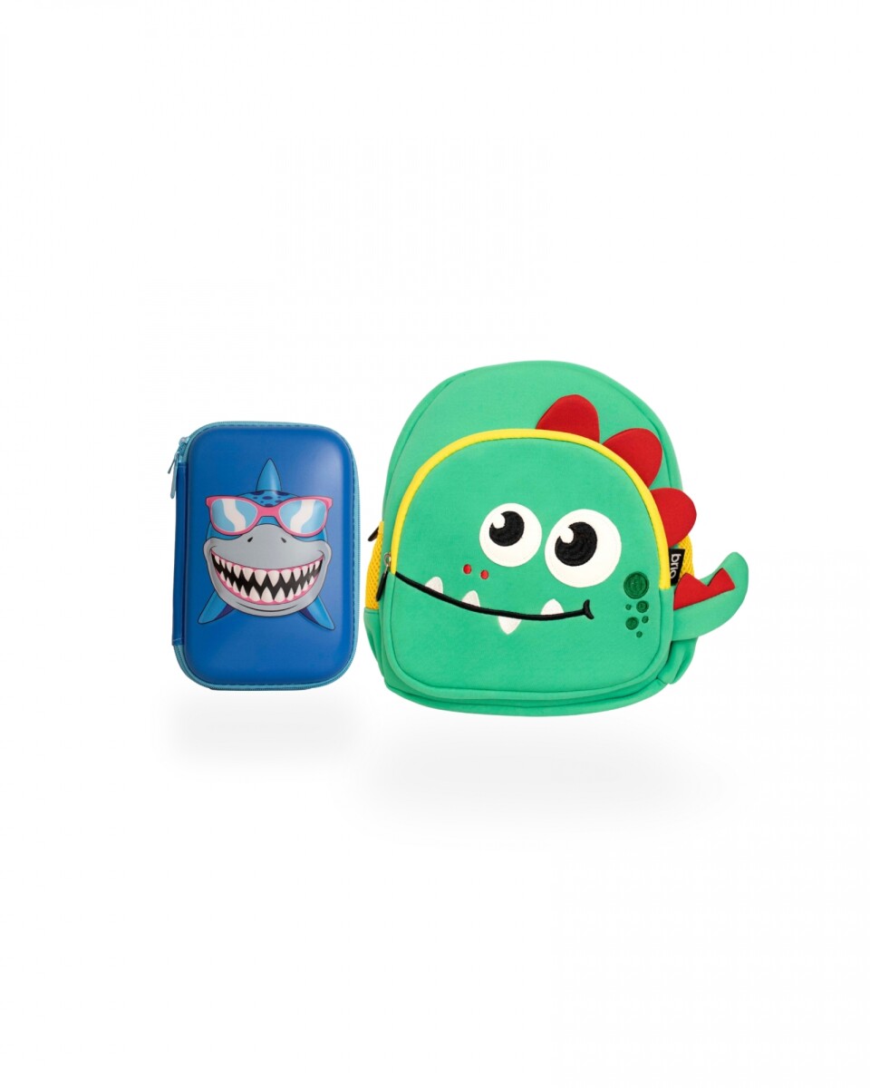 Set de mochila infantil de neopreno y cartuchera con divisiones brio - set-tiburón-cocodrilo 