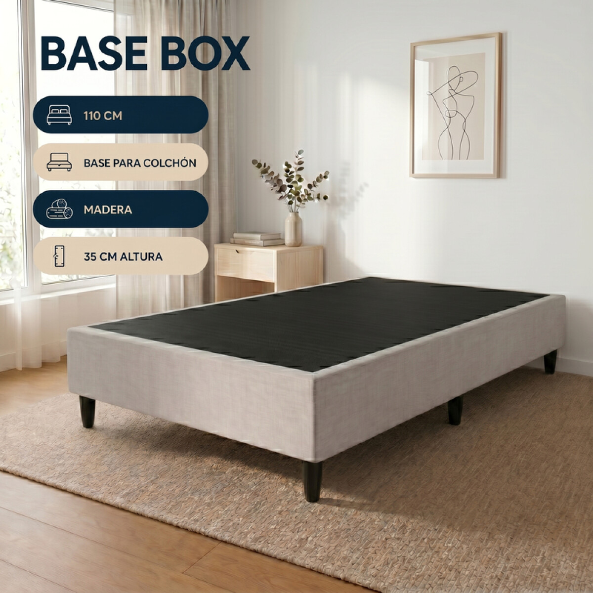 Base BOX 1 Plaza y Media 110x188x35 cm – Soporte Firme para Colchón | Gris 