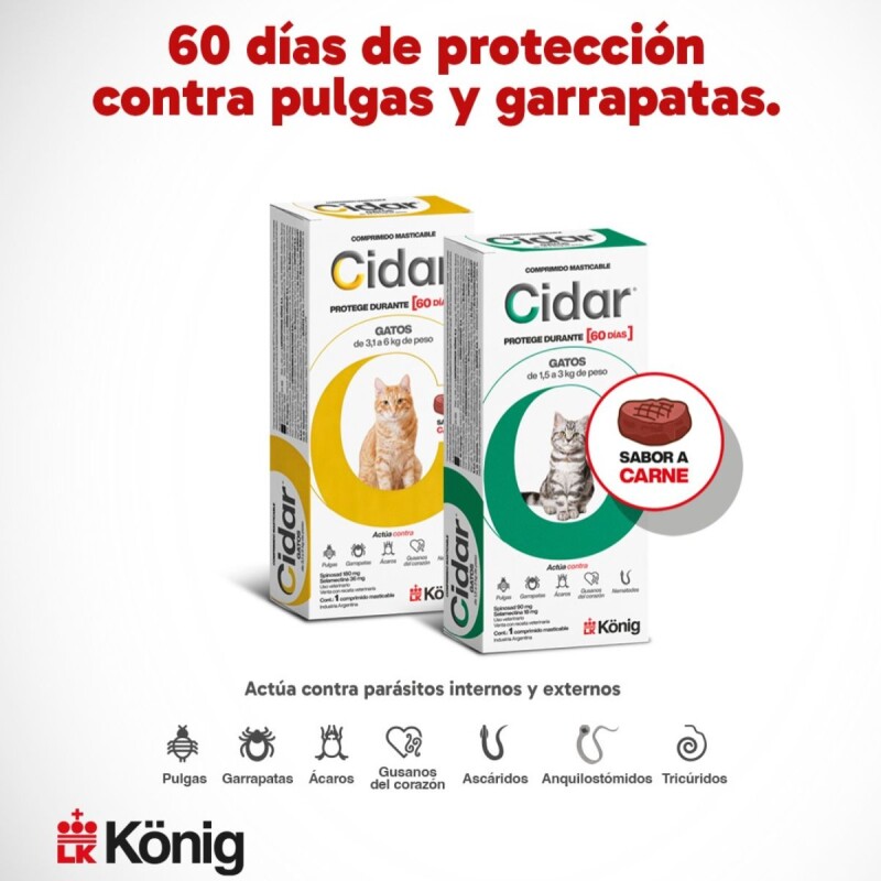 CIDAR GATOS PASTILLA ANTIPULGAS Y ANTIGARRAPATAS KONIG 3 A 6 KG