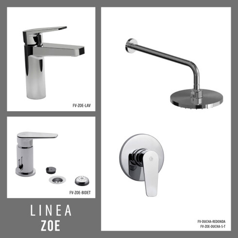 JUEGO COMPLETO CROMADO LINEA ZOE DUCHA EMBUTIDA SIN TRANSF, BRAZO Y ROSETA REDONDA, LAVATORIO BAJO Y BIDET CON TRANSF. 000