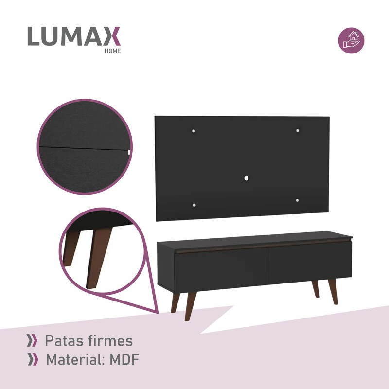 Rack TV mueble Lumax + panel rústico con estantes 55” Negro/Negro