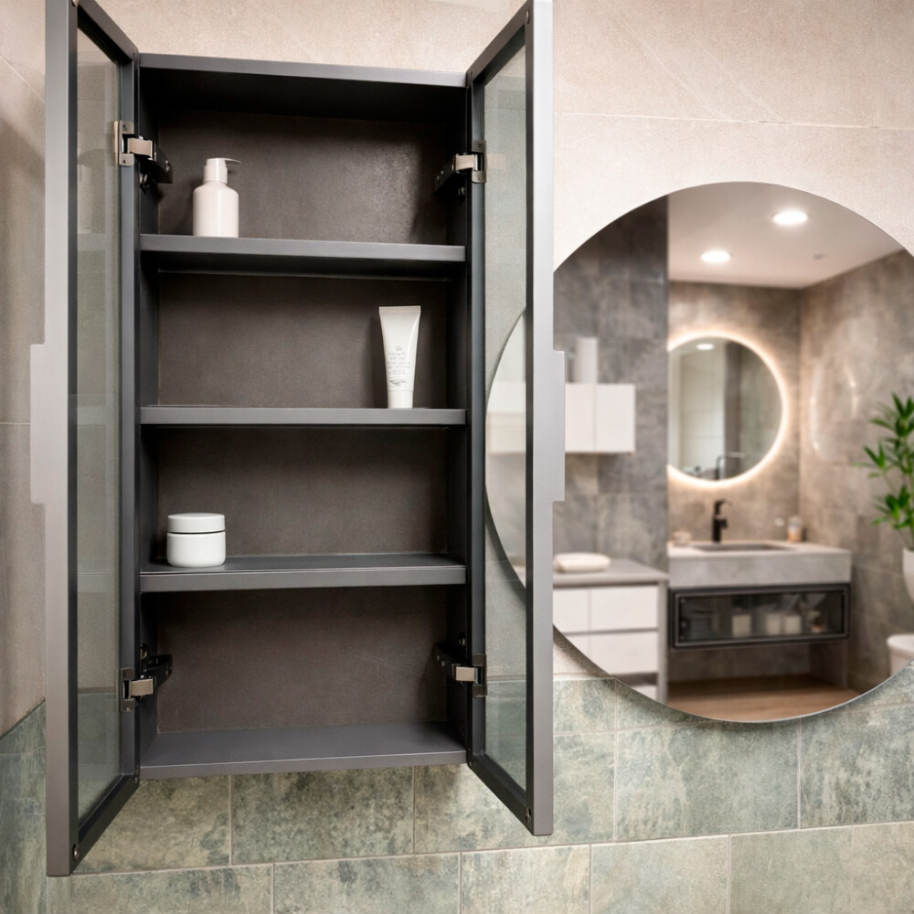 CONJUNTO DE BAÑO HABITARE MODELO SY1086-100 / MUEBLE + BACHA + ESPEJO CIRCULAR C/ LUZ LED - 100 cm Conjunto De Baño Habitare Modelo Sy1086-100 / Mueble + Bacha + Espejo Circular C/ Luz Led - 100 Cm