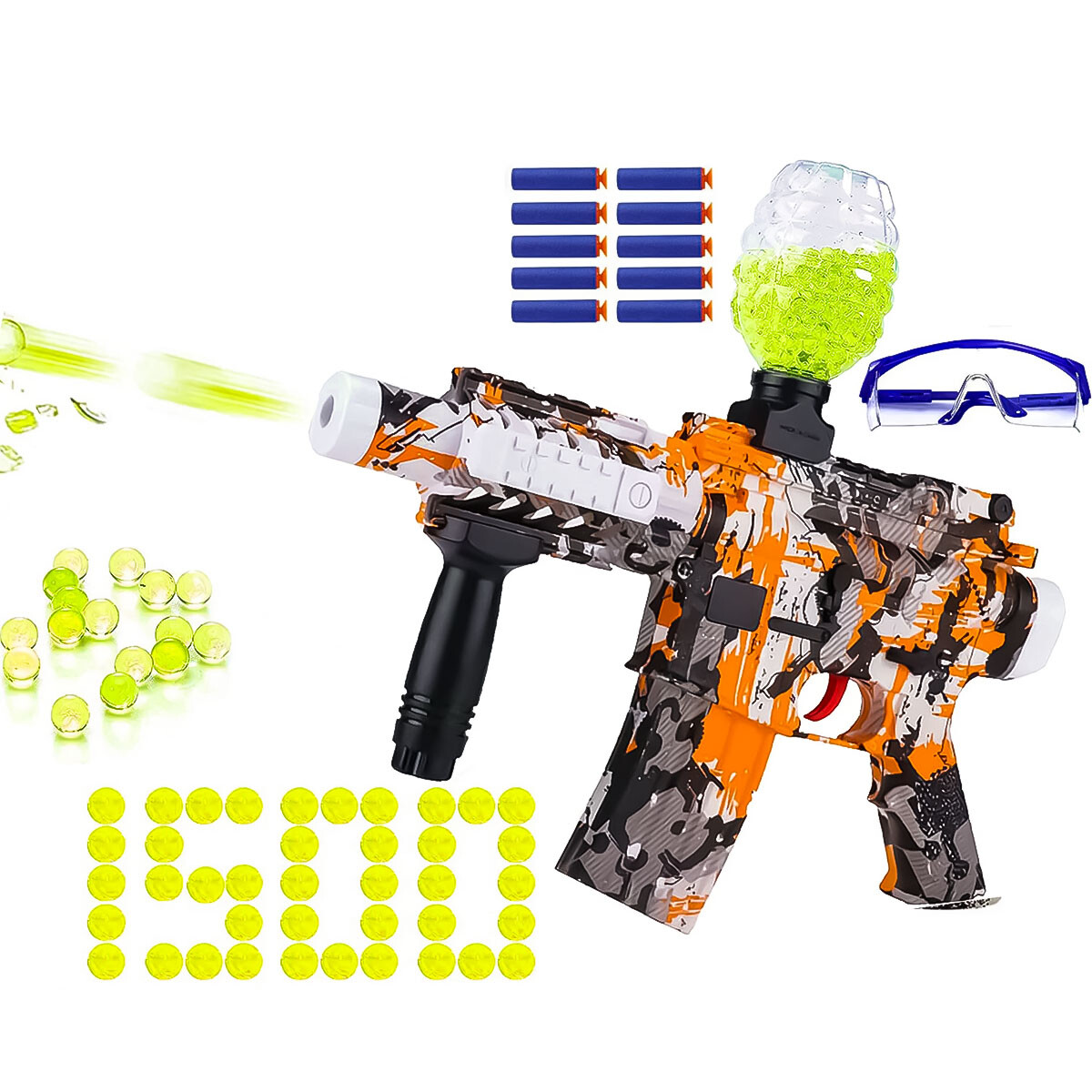 Pistola Automática Doble 10 Dardos + 1500 Balines Gel - Naranja/Blanco 