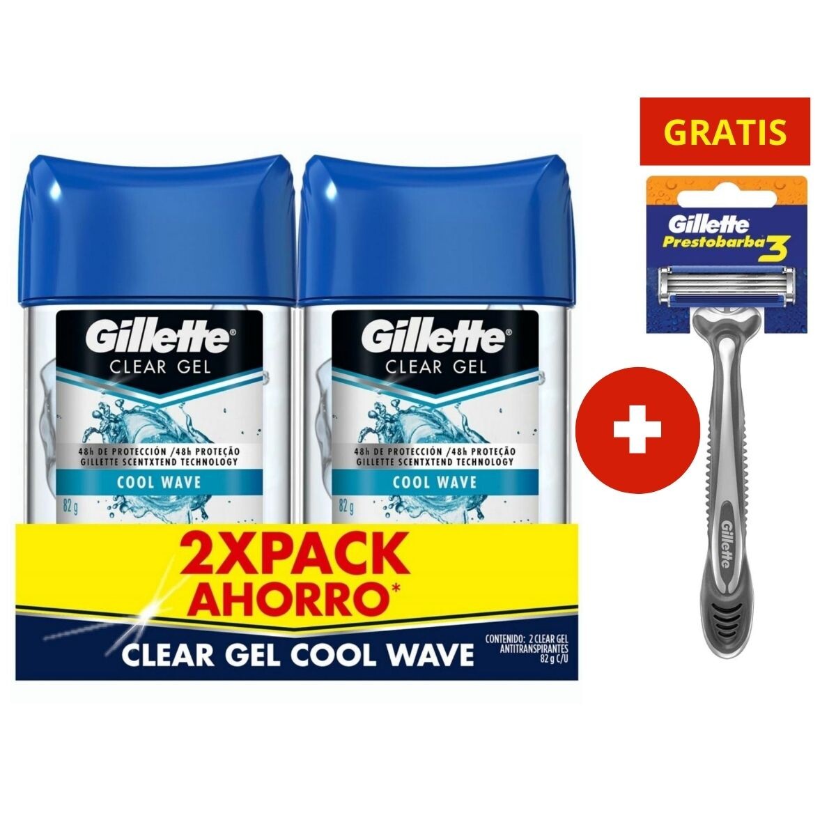 Desodorante Gillette en Barra Clear Gel Cool Wave - X2 82 GR + Prestobarba DE REGALO 