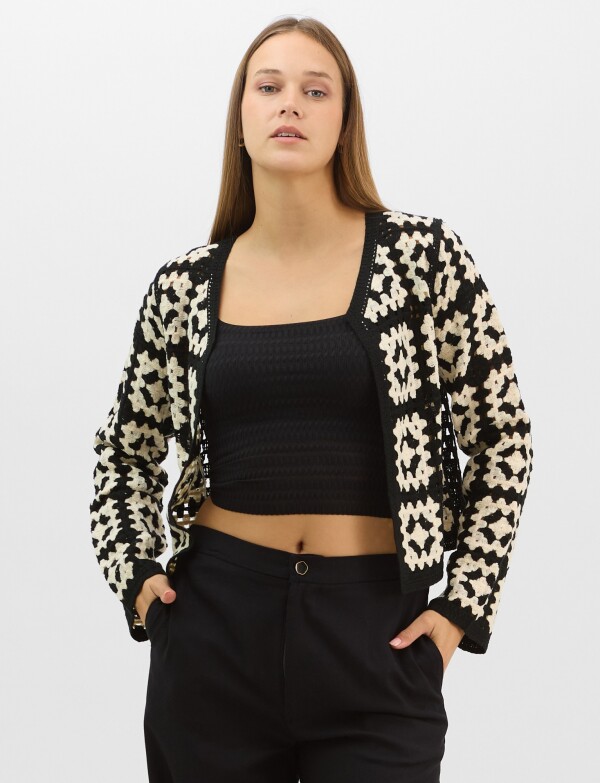 Cardigan Abierto De Punto Calado NEGRO/CRUDO