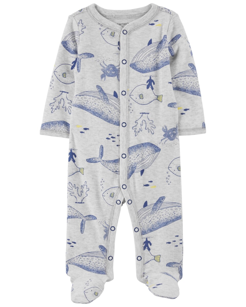 Pijama de algodón con pie prendido con botone, diseño ballenass 