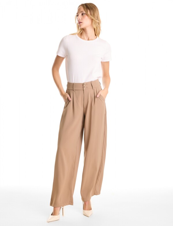 Palazzo Con Doble Botón & Cintura Elástica BEIGE