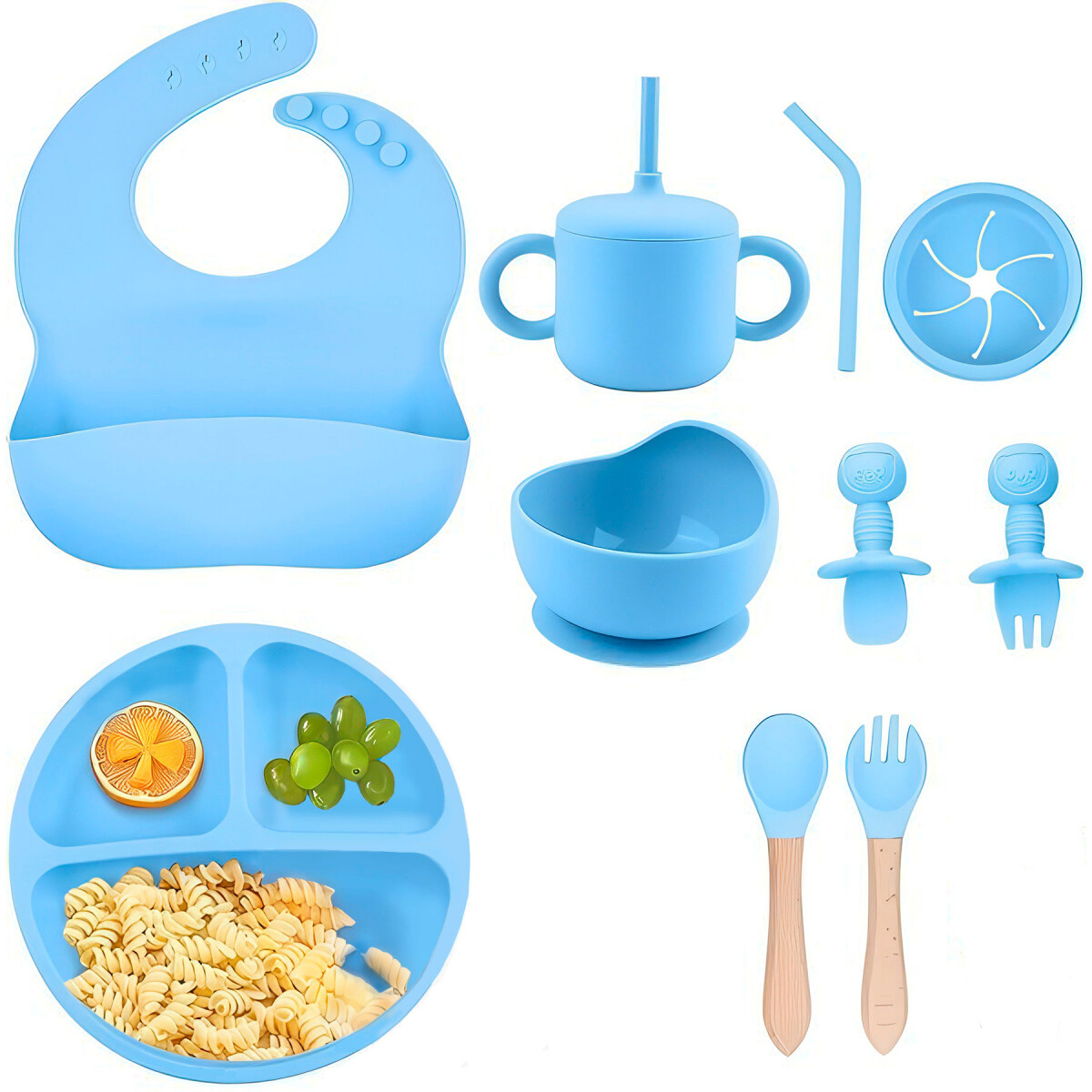 Set Alimentación Bebé Platos Silicona Libre Bpa 10 Piezas - Color Celeste 
