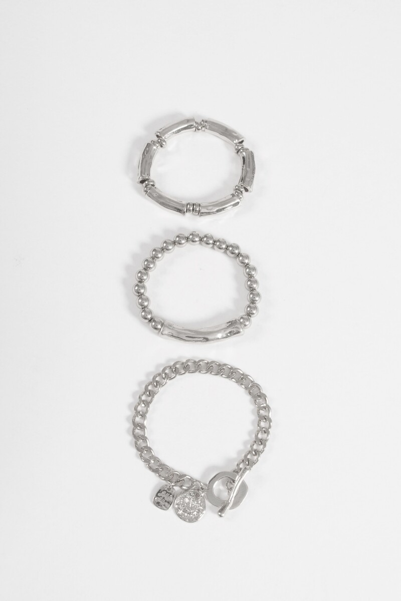 Set de 3 pulseras de cuentas plateado