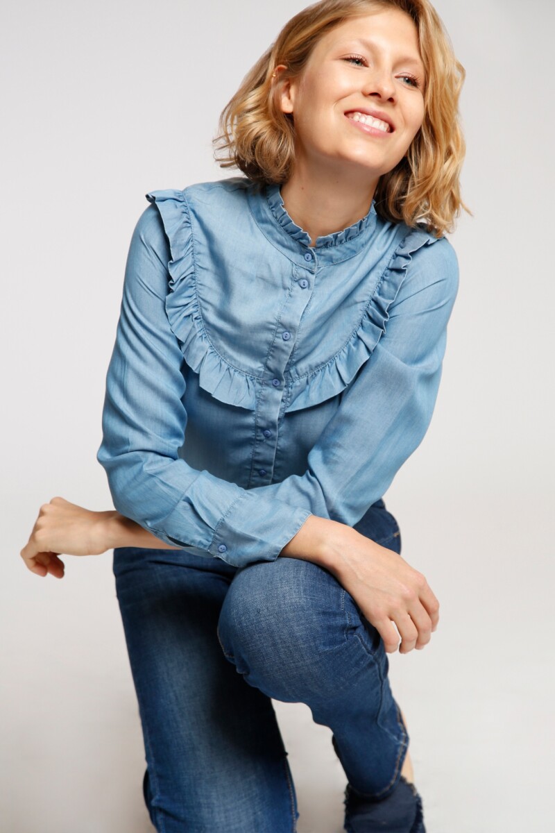 Camisa jean niña con volado | Distrito Moda