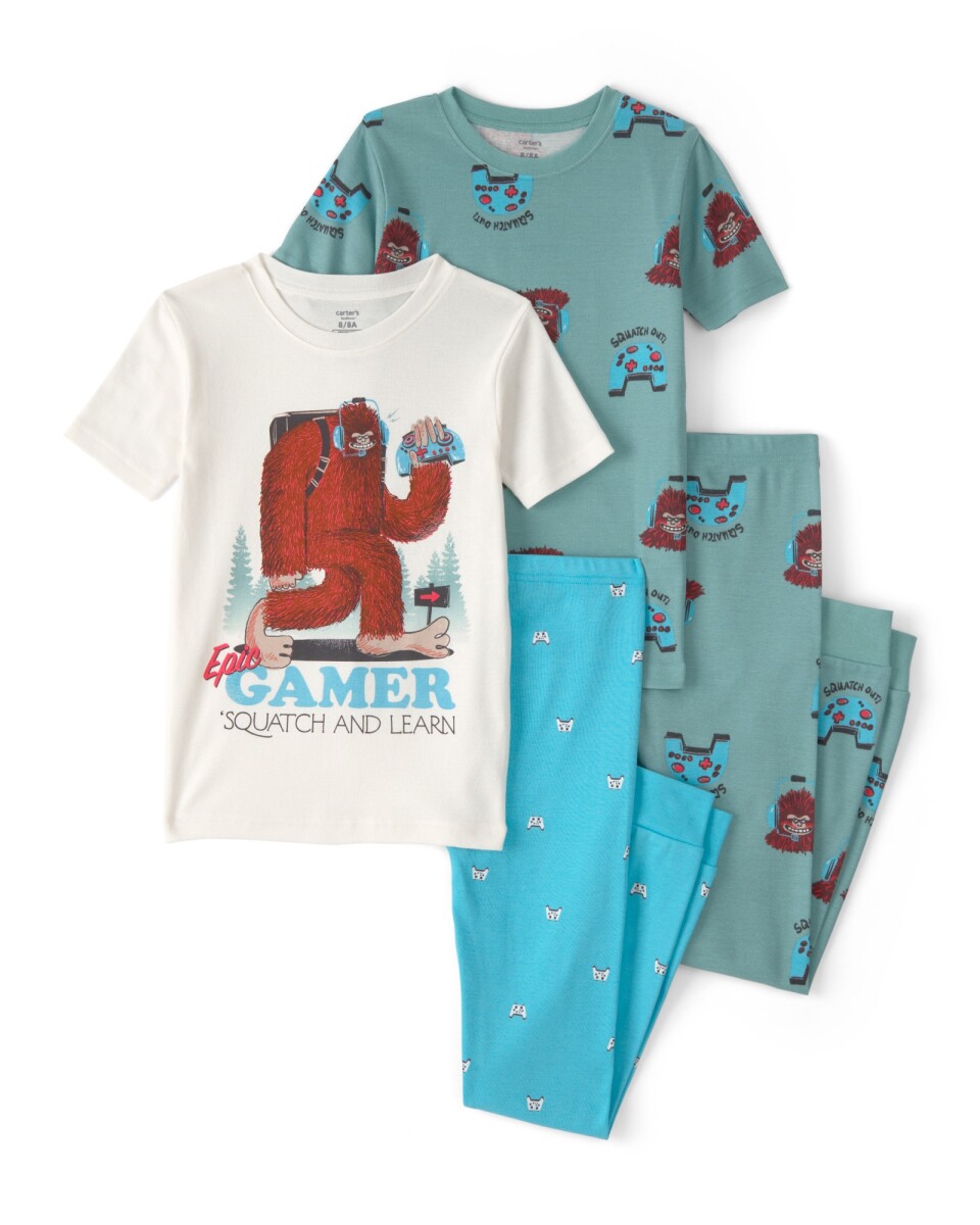 Pijama cuatro piezas de algodón, diseño pie grande y videojuegos 
