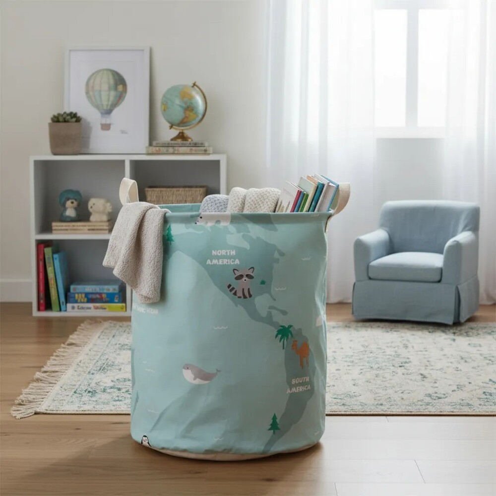 Cesto tela organizador mapa animales celeste