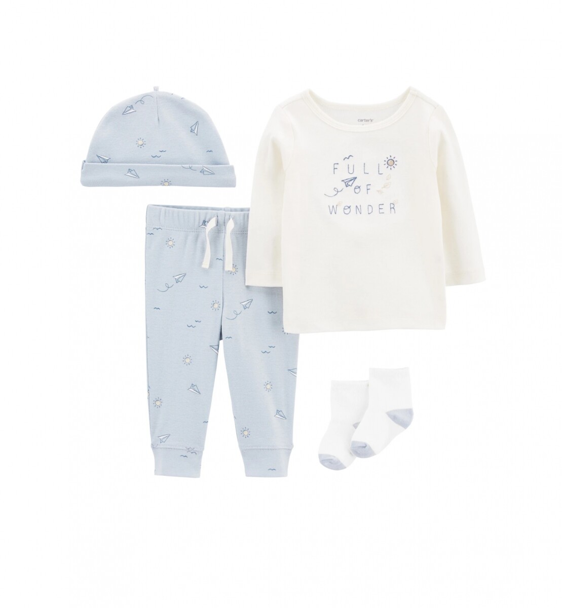 Conjunto Carters 4 piezas Gorro Medias RN - Full of Wonder Celeste aviones 