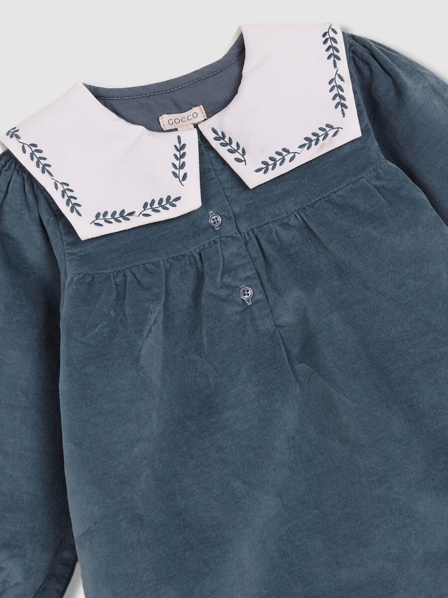 Vestido Cuello Marinero Bordado Gris Azulado