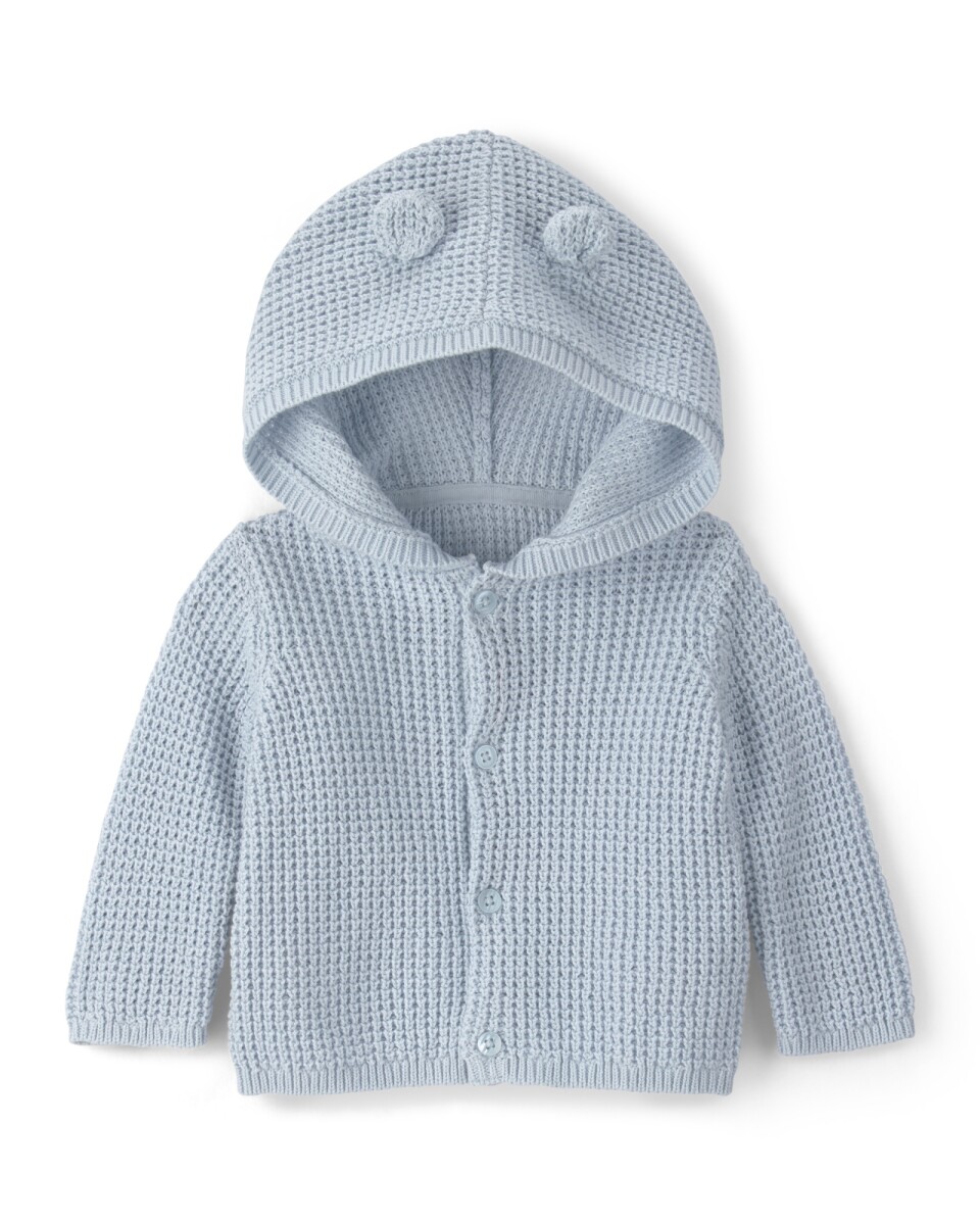 Saco de punto con capucha, celeste, diseño oso 