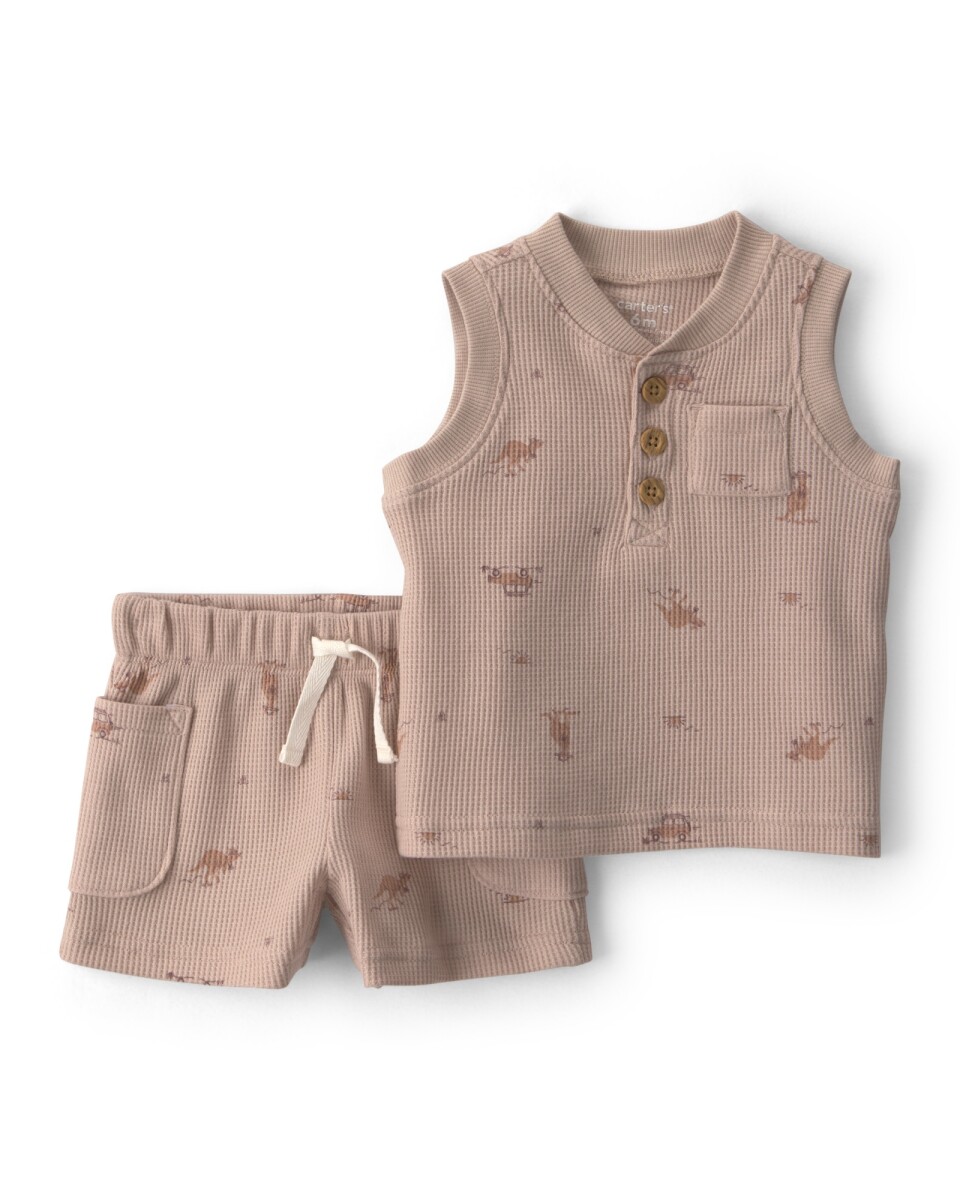 Set dos piezas de algodón térmico, short y musculosa, marrón, diseño safari 