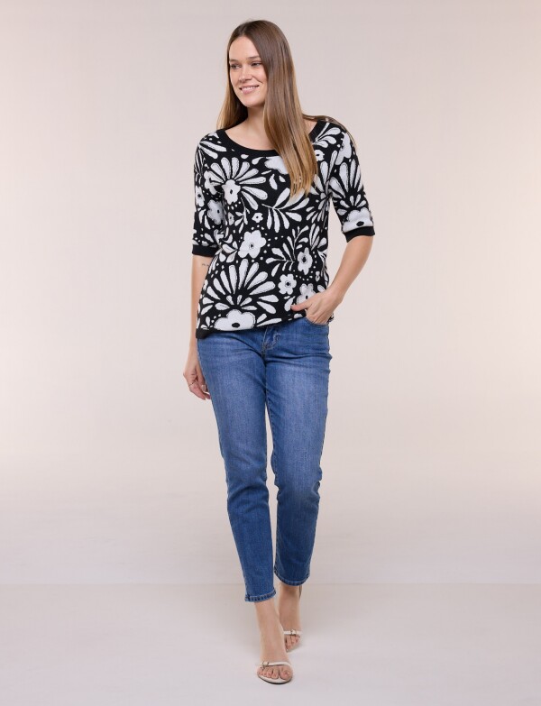 Buzo Tejido Manga Corta Con Estampado Floral NEGRO/GRIS