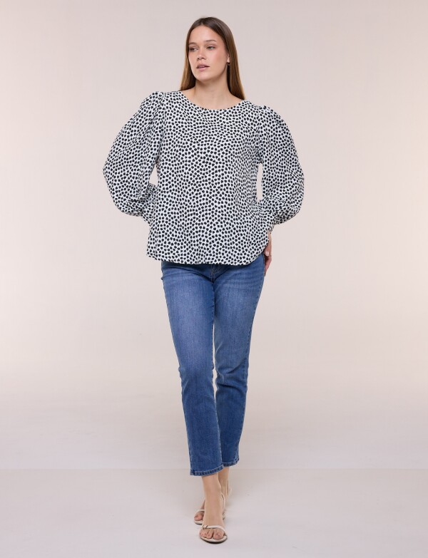 Blusa Manga Larga Abullonada Con Puño Ancho BLANCO/NEGRO