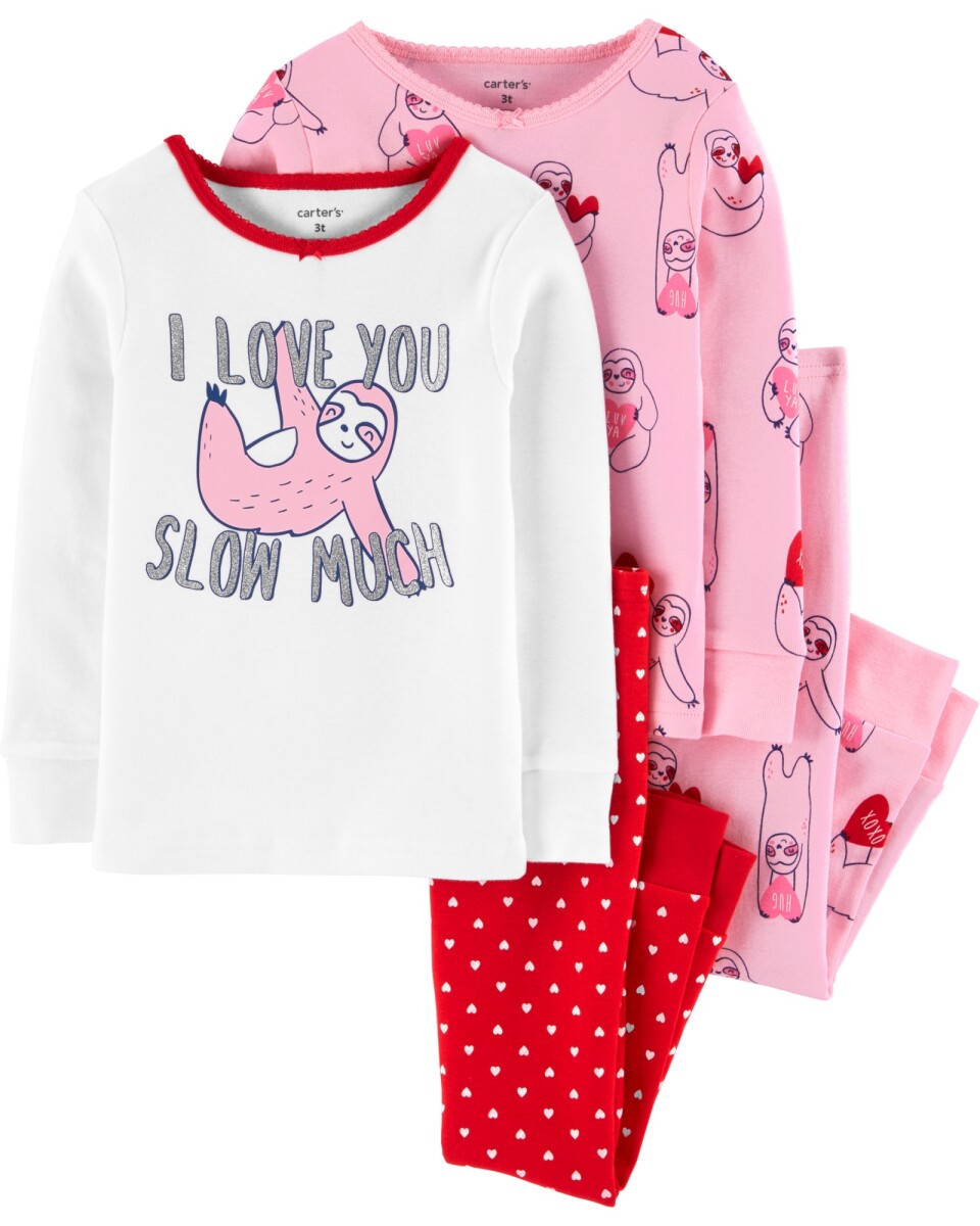 Pijama cuatro piezas de algodón, dos pantalones y dos remeras diseño perezosos 