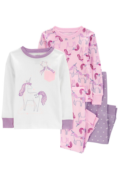 Pijama cuatro piezas de algodón, dos pantalones y dos remeras, diseño unicornios Sin color