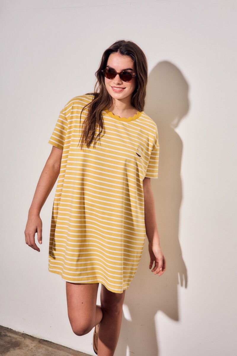 Vestido Manga Corta Rayado Amarillo