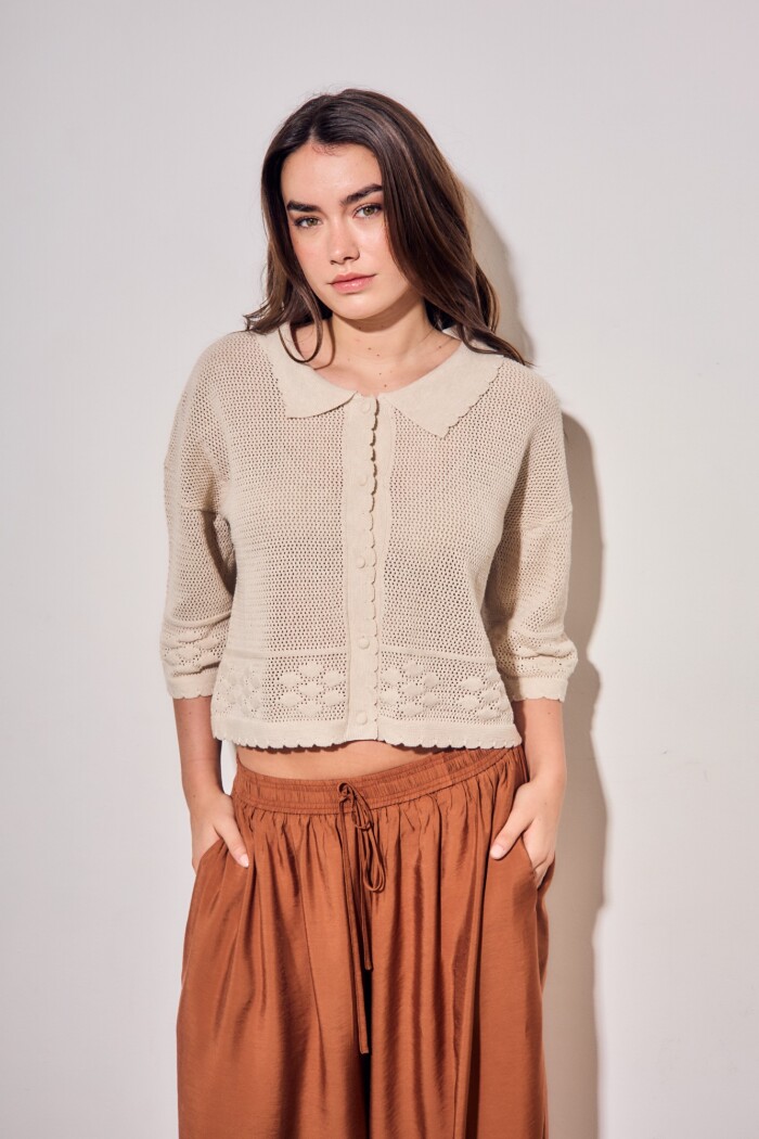 Cardigan Texturado Crochet Flores Beige Melange