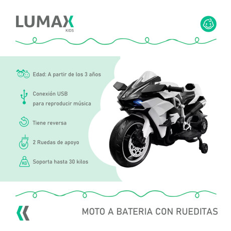 Moto a Batería Barry con ruedas luces música y usb Blanco