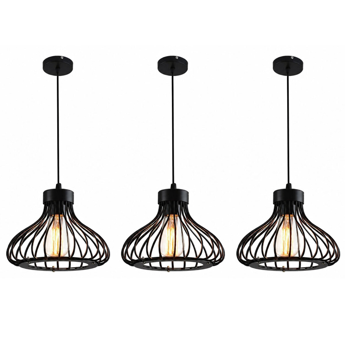 Pack x3 Lámparas Colgante Jaula Metal E27 Vintage Deco Retro - Negro 