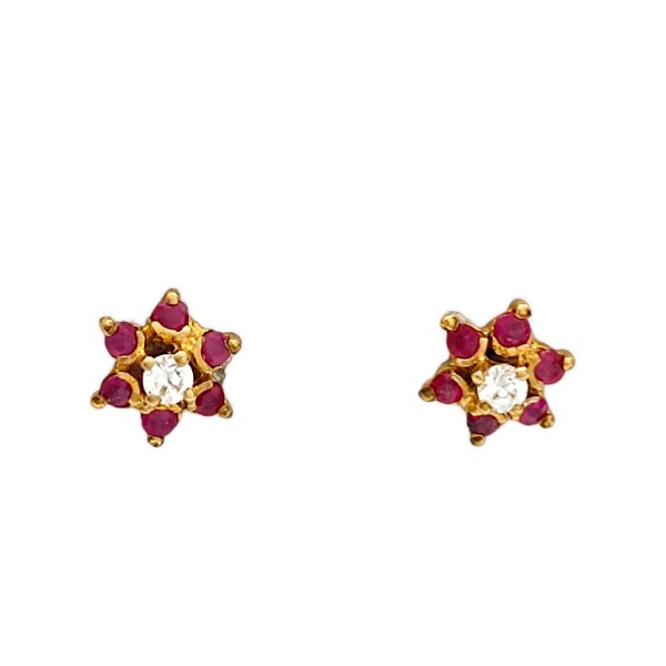 Caravanas Flor de Rubí de oro- Oro bajo - Rubí y zirconia- CA8122 conpiedra
