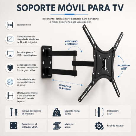 Soporte Tv 14 A 55 Pulgadas Con Brazo Movible Soporta 50kgs Negro