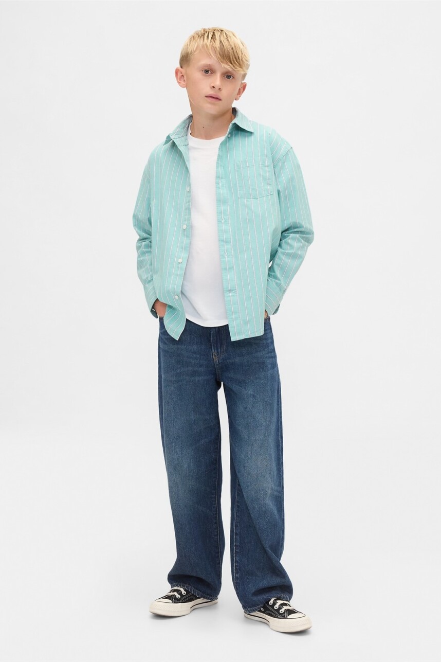 Camisa Poplin Niño Teal Stripe