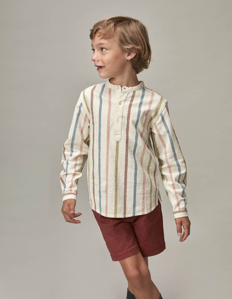 Camisa Cuello Mao Rayas Multicolor - Crudo 