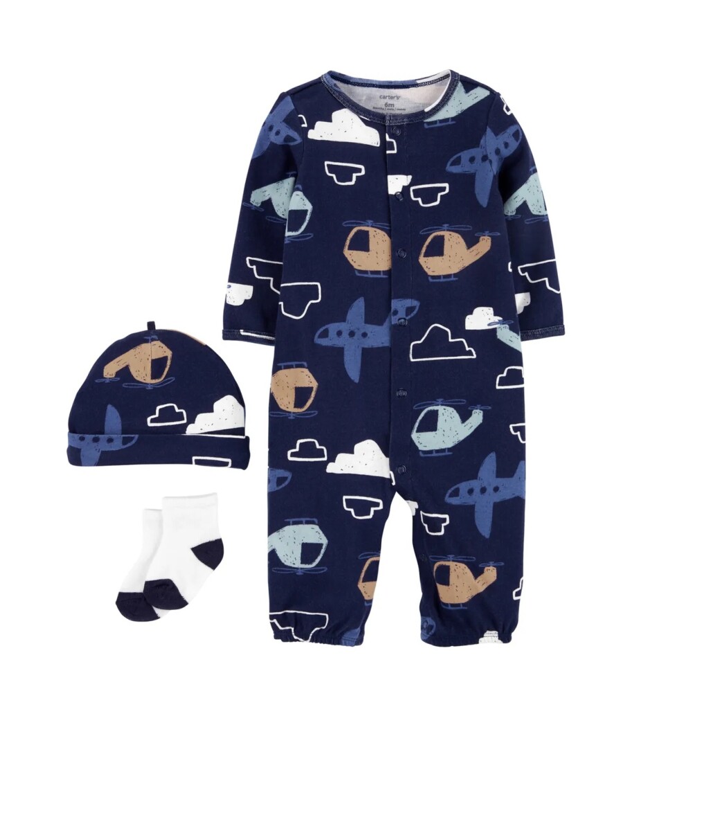 Enterito Carters Con medias y gorro - Primer Muda NB - Aviones Azul 