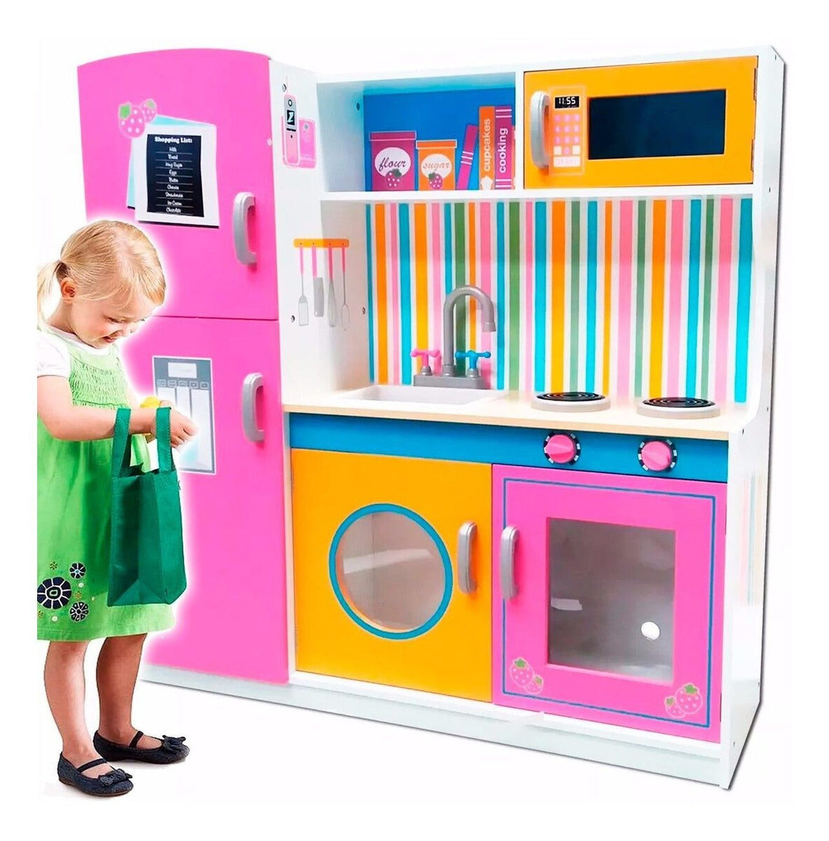 Cocina Grande Madera Cocinita Infantil Niña - Rosa/Blanco/Amarillo 