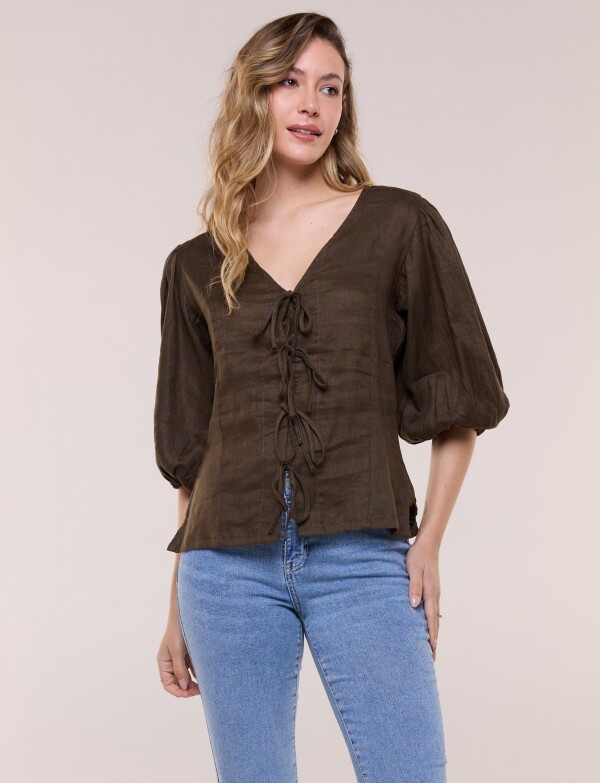 Blusa Lino Con Lazos OLIVA