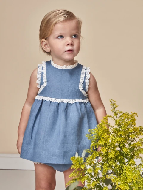 Vestido Lino Con Tiras Bordadas En Contr Azul Medio Claro