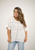 Blusa 100% lino con broderie y brillo blanca