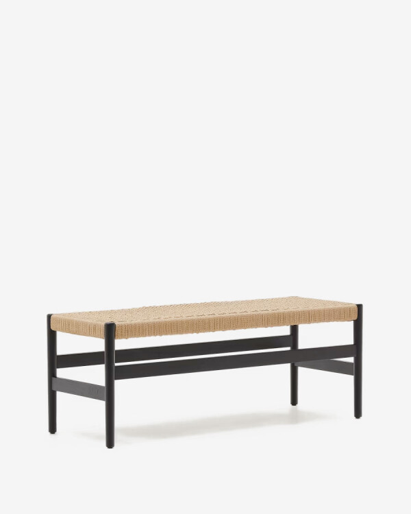 Banco Zaide de madera maciza de roble con acabado negro y asiento de cuerda 120cm