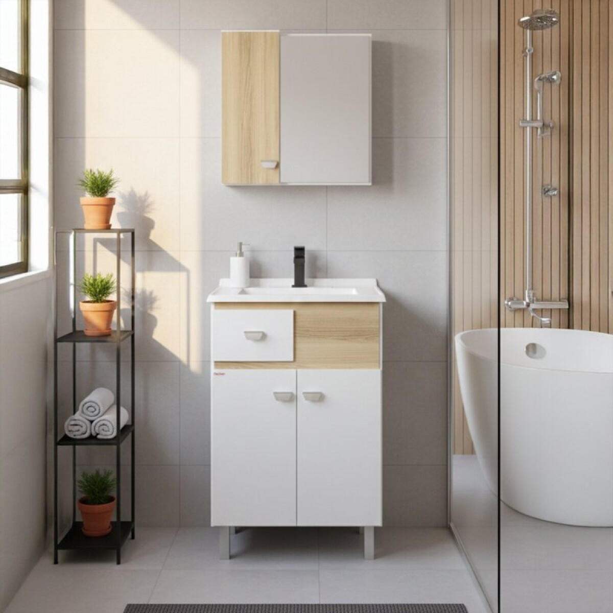 Mueble de Baño de Pie POP (56cm) | Set Bicolor Blanco/Carvalho con Espejo y Lavatorio 