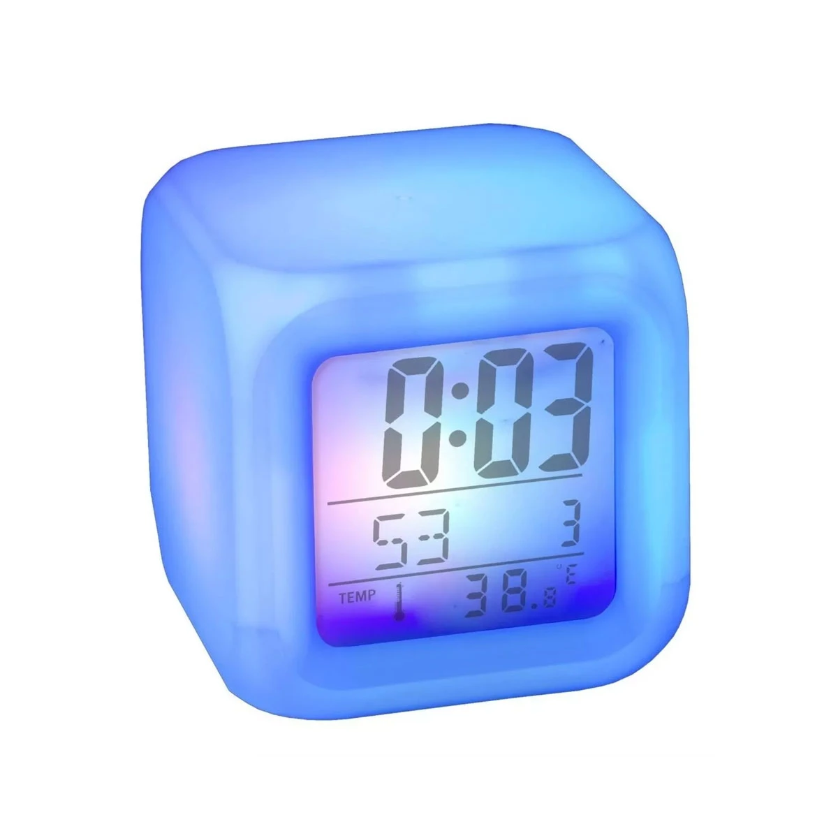 RELOJ DESPERTADOR CUBO CON FECHA Y TEMPERATURA COLORES LED 