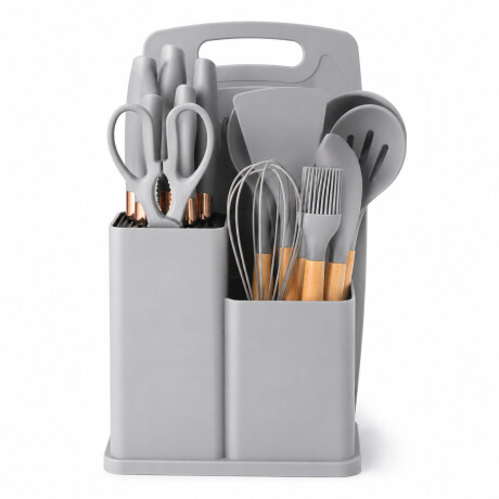 Set Cocina Menage 19Pz Utensillos Cuchillos Tabla c/Soporte Gris