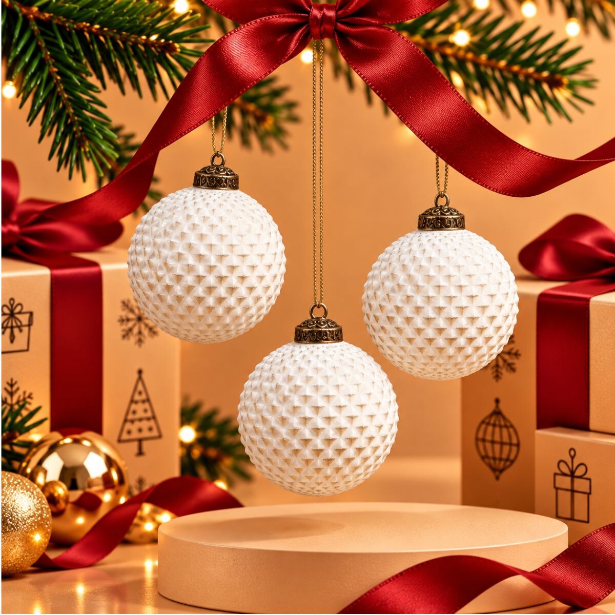 Esferas Navideñas Blancas con Efecto Patinado x3 