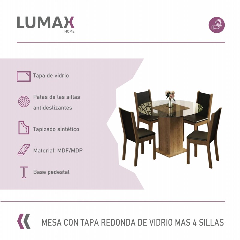Juego de comedor con mesa redonda de vidrio y 4 sillas rústicas Negro