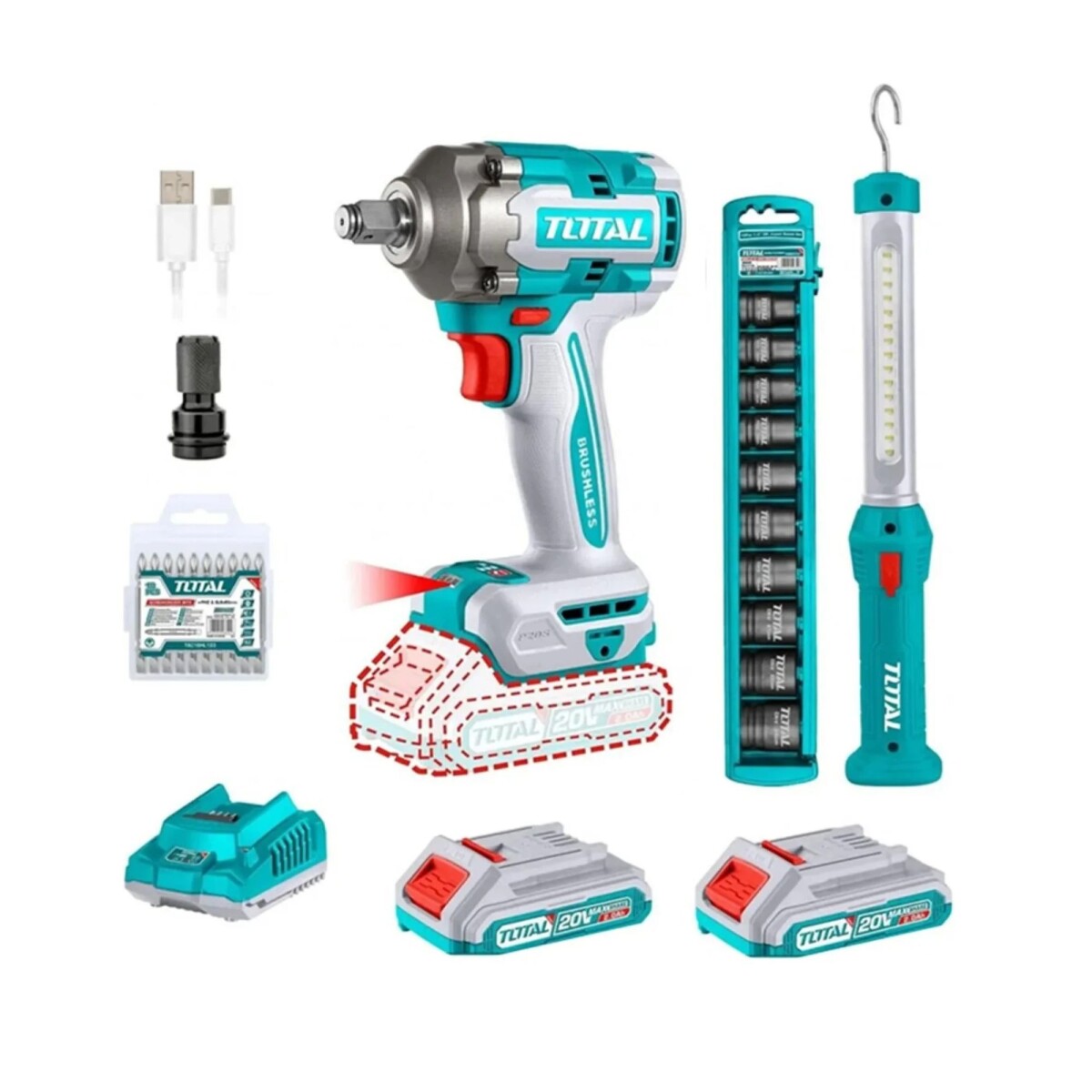 Kit Llave de Impacto Brushless Total 20V 400Nm con 2 Baterías y Accesorios 