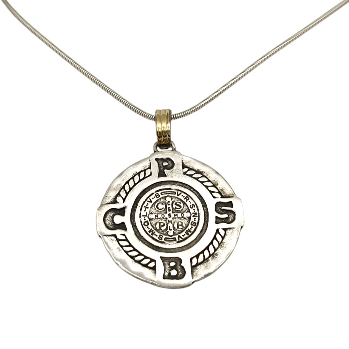 Dije Medalla Cruz San Benito Doble imagen-Plata y oro- Sin piedra- CP5405 - sinpiedra 