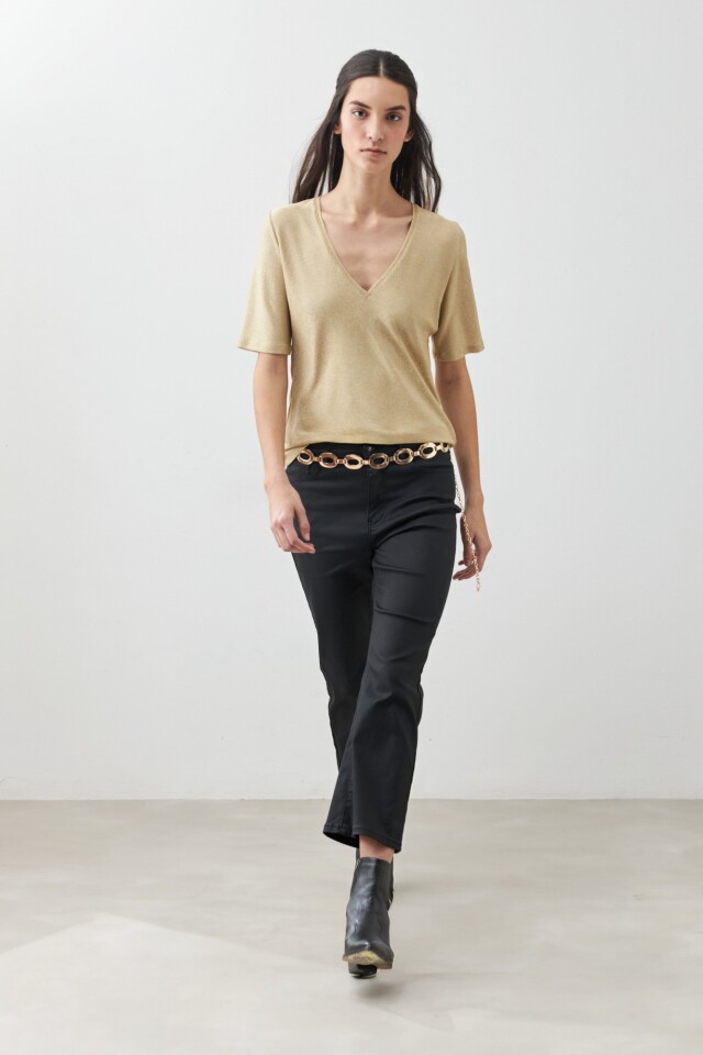 Remera lurex escote V beige