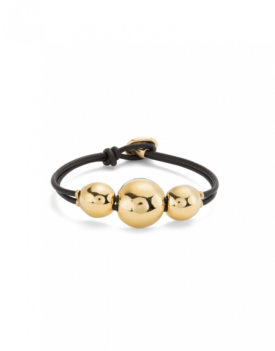 PULSERA DE CUERO CON TRES CUENTAS GRANDES DE ALEACIÓN DE METALES BAÑADAS EN ORO 18K - Pulsera 