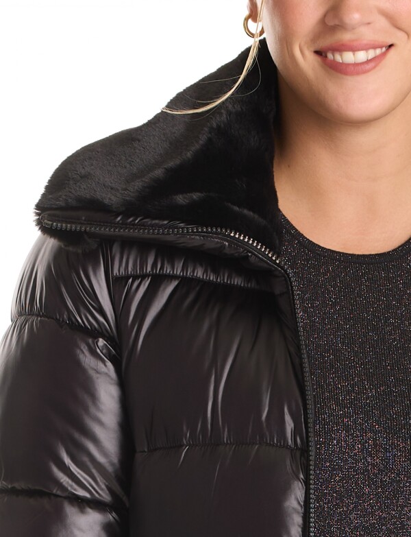 Campera Puffer Satinada Con Cuello De Piel NEGRO
