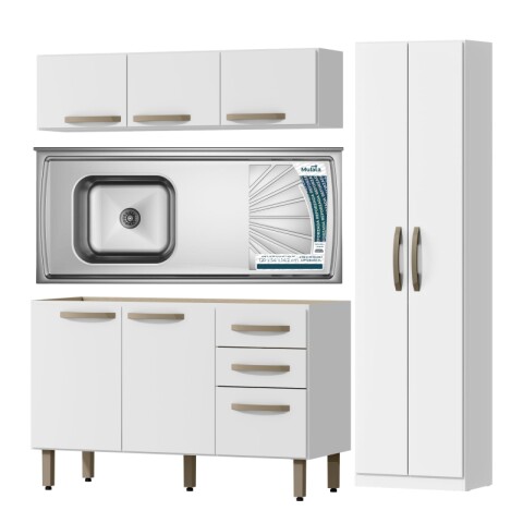 Combo de Cocina Bajo Mesada 3 Puertas + Pileta Izquierda con Hormigón + Aéreo 3 Puertas + Mueble Multiusos 2 Puertas - Blanco Combo de Cocina Bajo Mesada 3 Puertas + Pileta Izquierda con Hormigón + Aéreo 3 Puertas + Mueble Multiusos 2 Puertas - Blanco