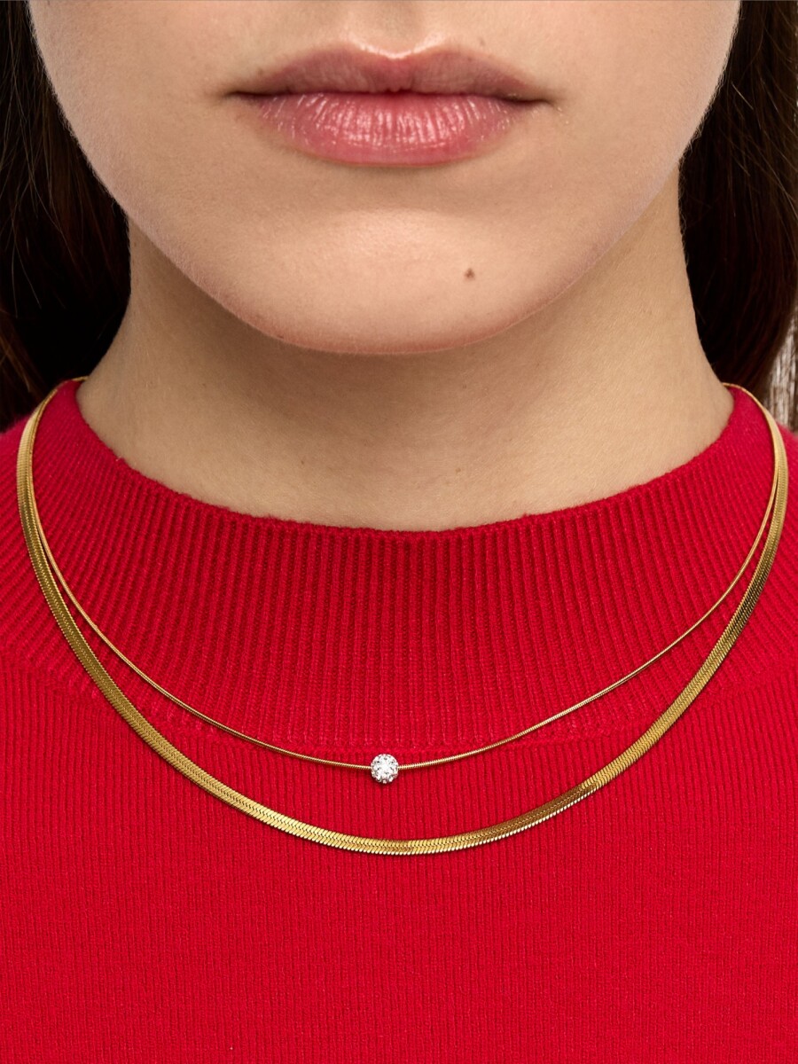 Collar Doble Con Cadena De Serpiente Con Cristal - Acero Inoxidable dorado